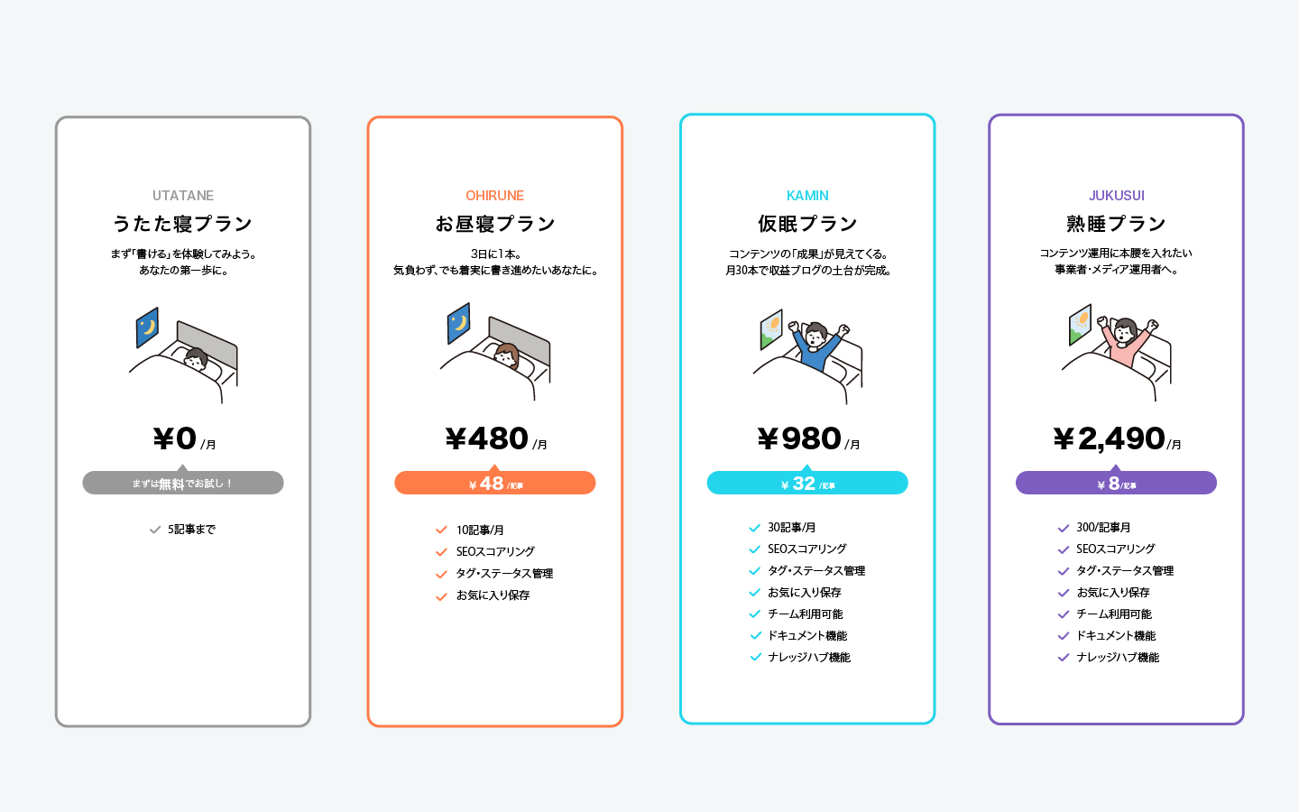 younap 新料金プラン4種(うたた寝・お昼寝・仮眠・熟睡)の一覧